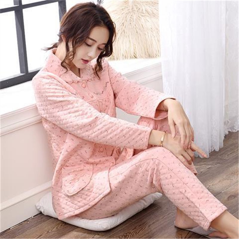 100% pijamas de algodón para mujer Otoño e Invierno de manga larga engrosada primavera y otoño mamá entresuelo ropa para el hogar traje delgado de invierno