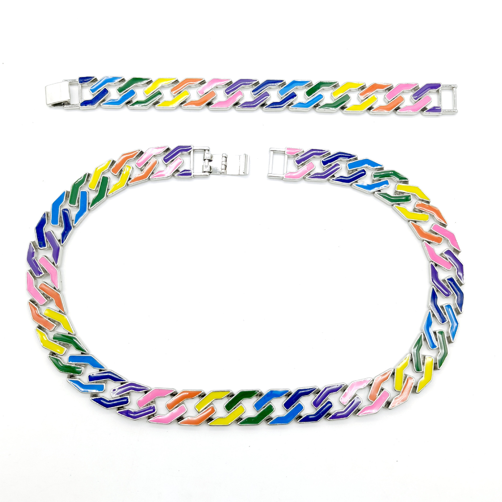 Hip Hop Trendy Cuban Chain Enamel Color Bracelet 17mm Rainbow Diamond Male and Female Hiphop Necklace_voghion.com