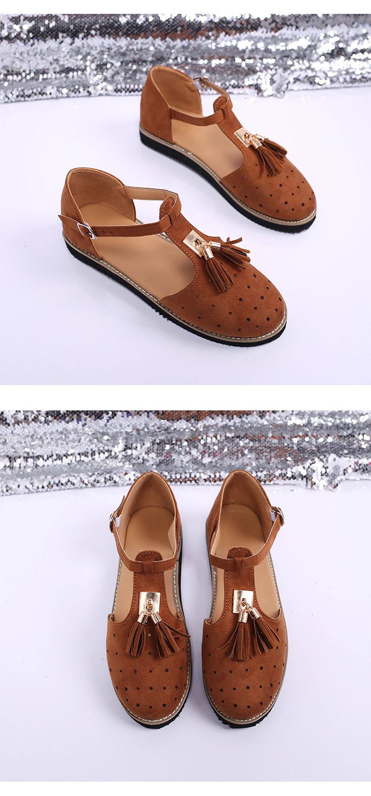 2021 European and American new thick-soled round-toe cutout retro single shoe, large-sized low-top bag and fringed women's sandals undefined
