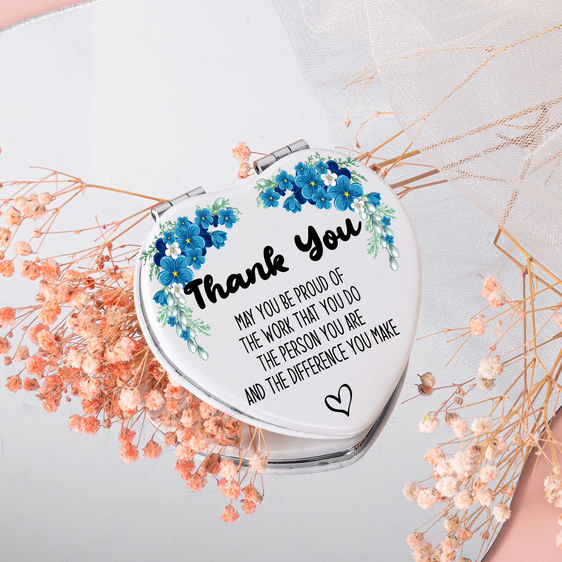 Espejo portátil con funda de PU en forma de corazón, estilo ins