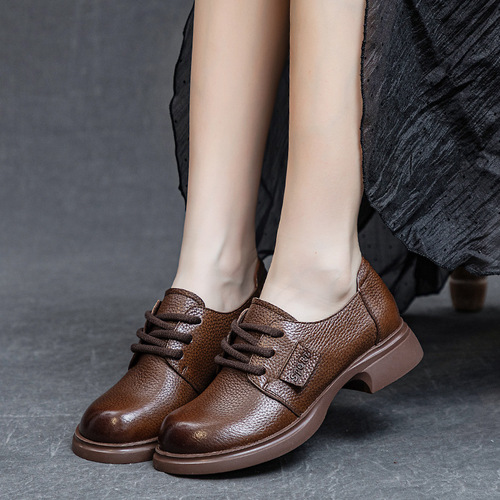  Autumn New Women's Single Shoes with Thick Heel, Medium Heel, Soft Sole, Washed Head Layer Soft Calfskin Laced Four Seasons Deep Mouth Shoes