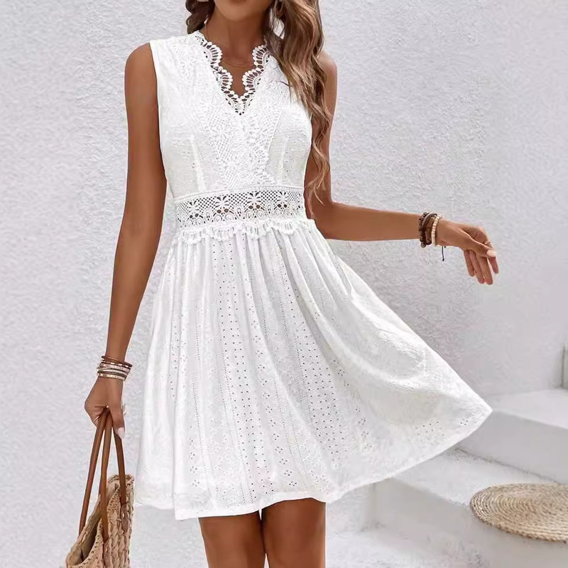 European and American Cross-border Summer Women's Lace Stitching Sexy Jacquard V-neck Tight Waist dress