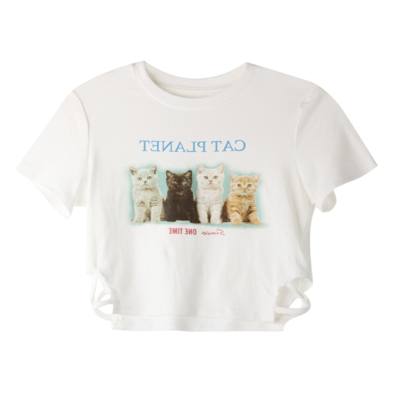 Gato de impresión SLIM-fit blanco de manga corta de la camiseta de las mujeres de verano dulce y picante recortada BM viento hombro bottoming Top moda image 1