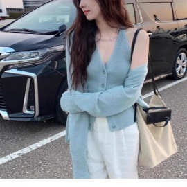 莱赛尔天丝亚麻长袖针织开衫V领背心女修身针织衫女春舒适休闲