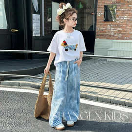 童装女童夏季酷潮时髦2025中大童韩版卡通长裤短袖套装两件套洋气