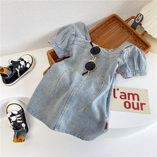 2023 Summer New Arrival Baby Girl Korean Style Stylized Puff Sleeve Stylized Denim Short Sleeve Dress 3-8 Years Old Children's Clothing