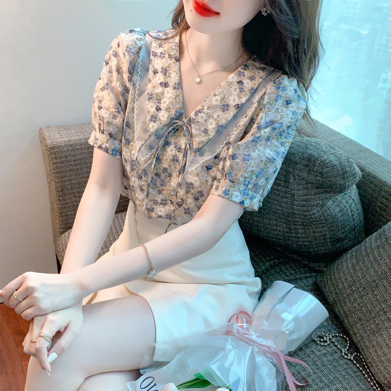 2026 Summer New Floral Doll Collar Bow Chiffon Blouse Fairy Shirt Short-Sleeve Top