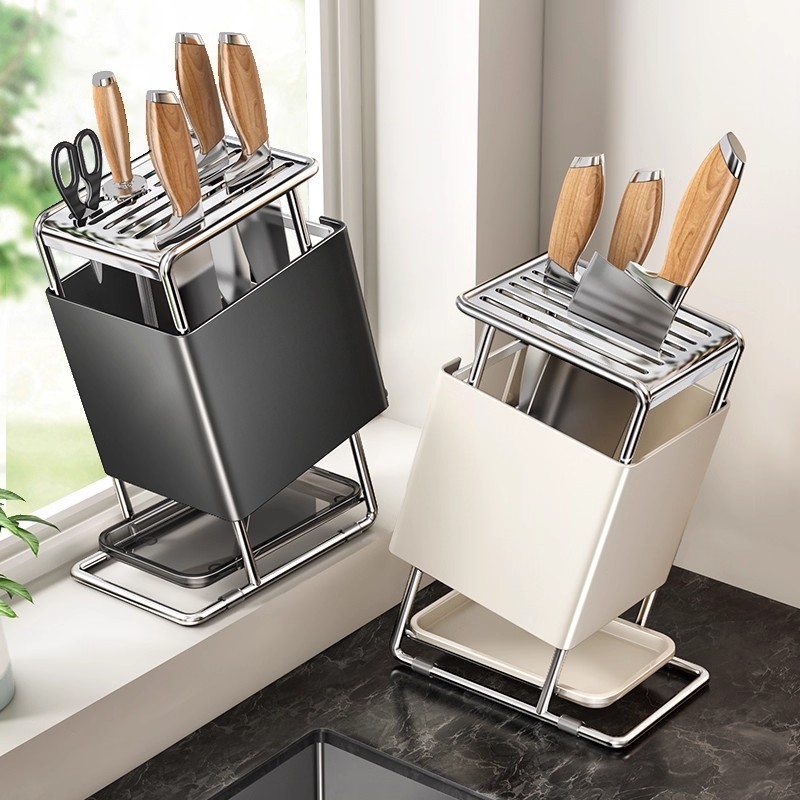 Kitchen Knife Rack Storage Rack Countertop Multi-Functional Kitchen Knife Rack Chopstick Cage Integrated Storage Rack Wall-Mounted Knife Holder Drain Rack