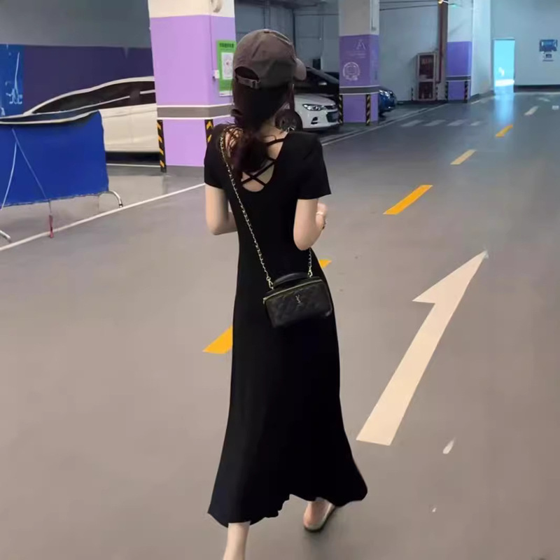 dress New Black Backless 2024 Elegant Summer Hollow-out Short-sleeved Back Tight Waist Slimming Long Dress
