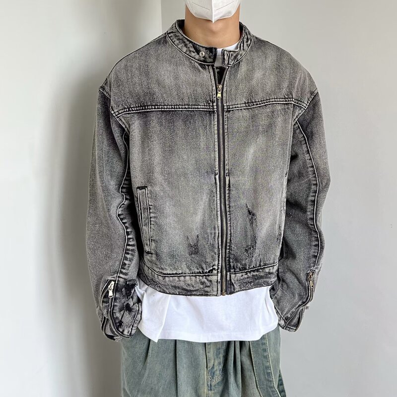 Spring and Autumn Retro Heavy Stand Collar Denim Jacket Men Japanese Style Washed Vintage Design Couple Top Trendy