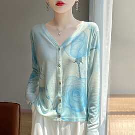 跨境别致印花小衫上衣早秋针织衫开衫外搭薄款毛衣外套精纺上衣女