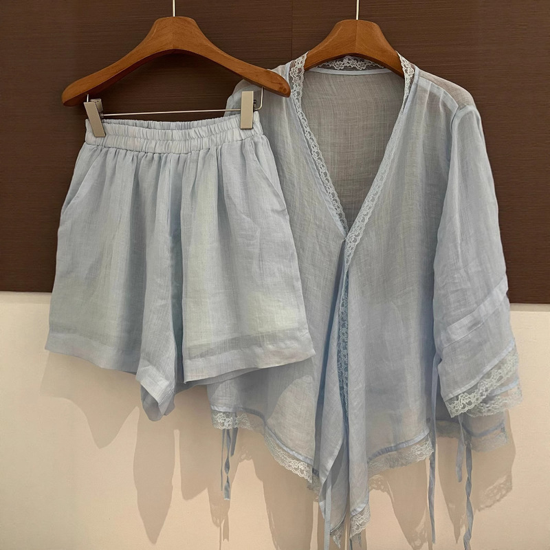 Designer 100 Ramie Lace Irregular Shirt suit All-Match Straight Pants Five-Piece Two-Piece Set