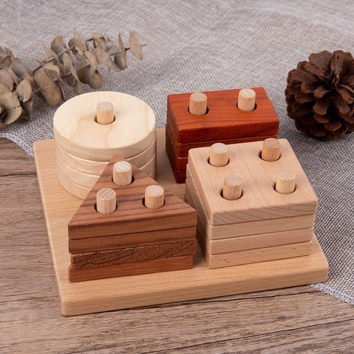 Wooden Geometric Shape Matching Stack Blocks, Unpainted Puzzle Boards for Baby – Cognitive Color & Shape Sorting & Building Toy