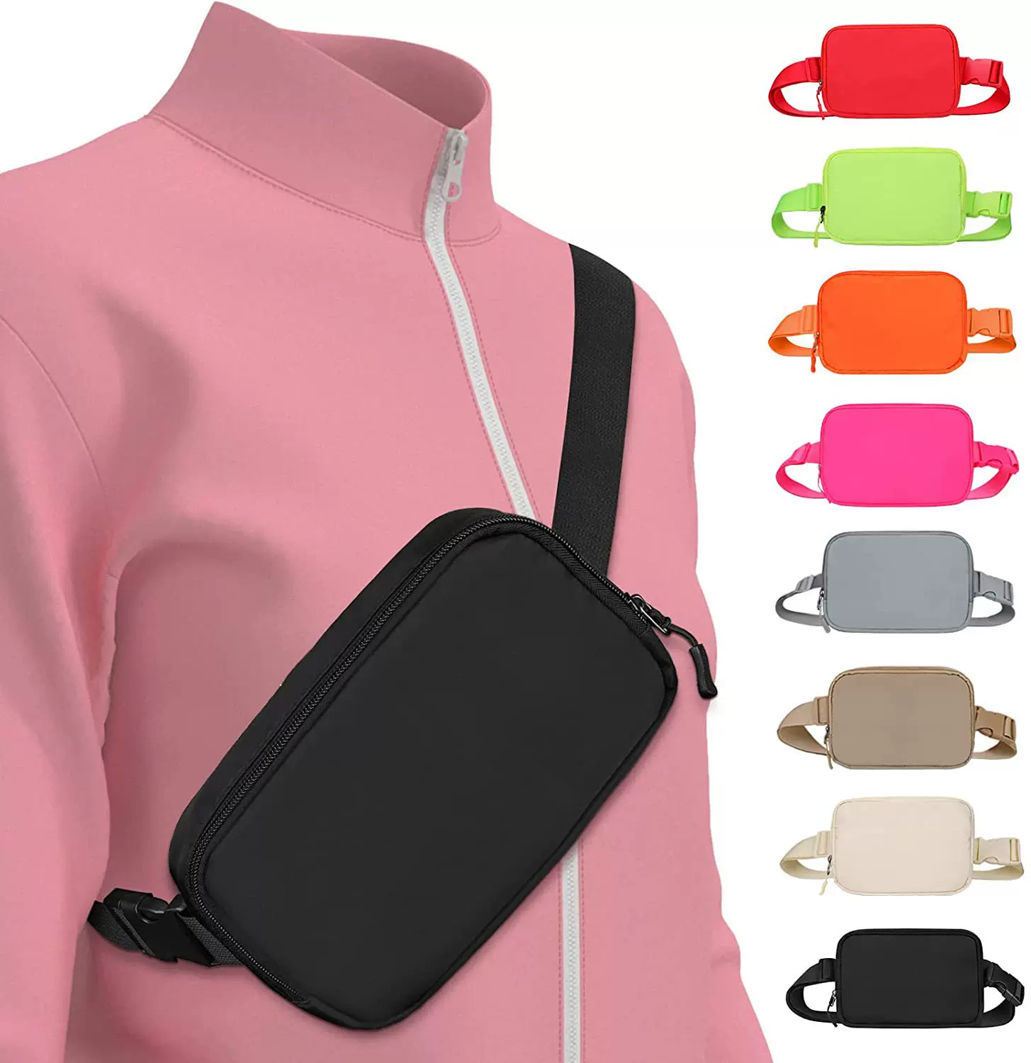 女式黑色腰包带可调节肩带,时尚斜挎包,适合跑步锻炼徒步旅行