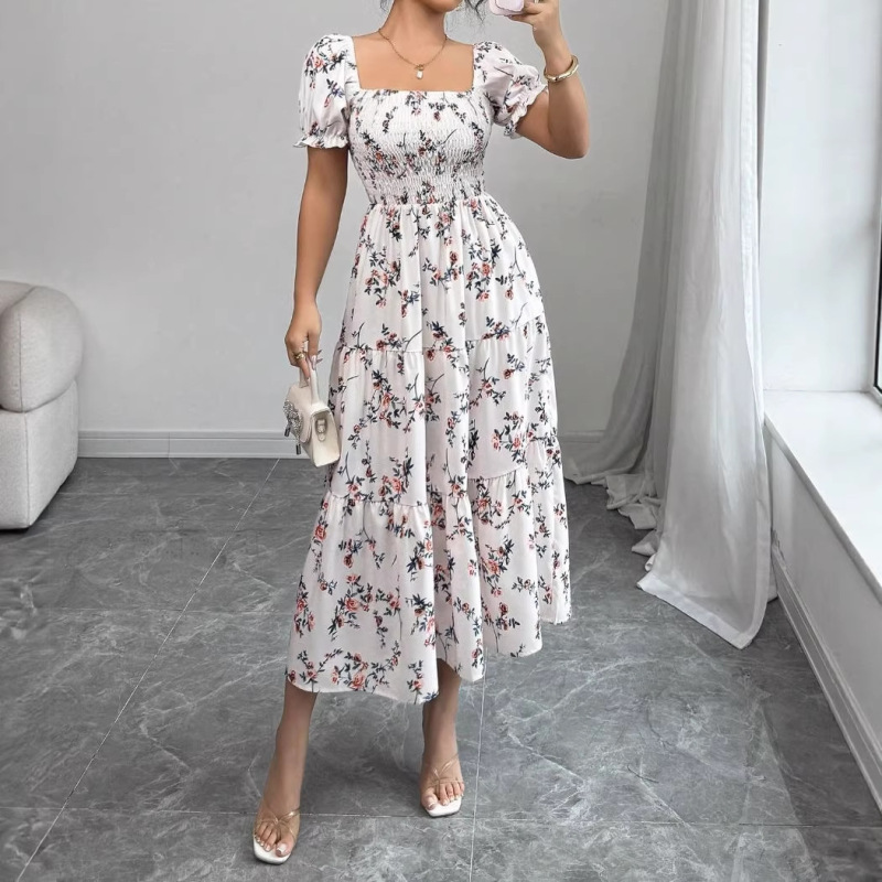 European and American Women's Fashion 2026 New Summer European and American Style Printed Slim-Fit U-Neck Long Dress with a Large Hem European and American Women's Fashion 2026 New Summer European and American Style Printed Slim-Fit U-Neck Long Dress with a Large Hem