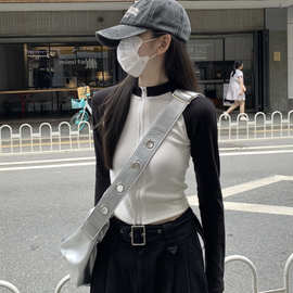 辣妹插肩立领撞色拼接长袖T恤女秋季新款修身短款拉链开衫上衣ins
