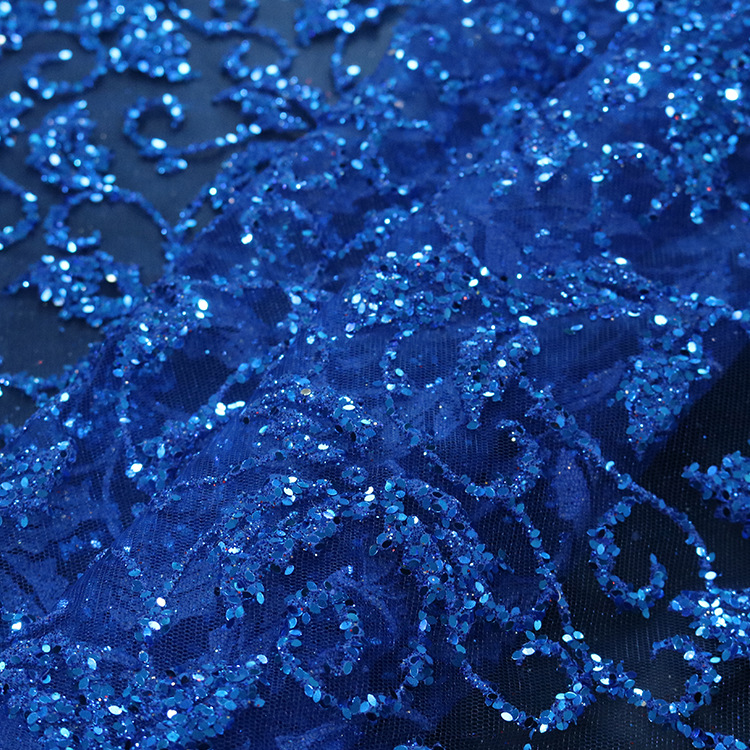 2024 nuevo hilo de malla azul hojas espumantes polvo brillante polvo rociado oro tela de vestido de boda