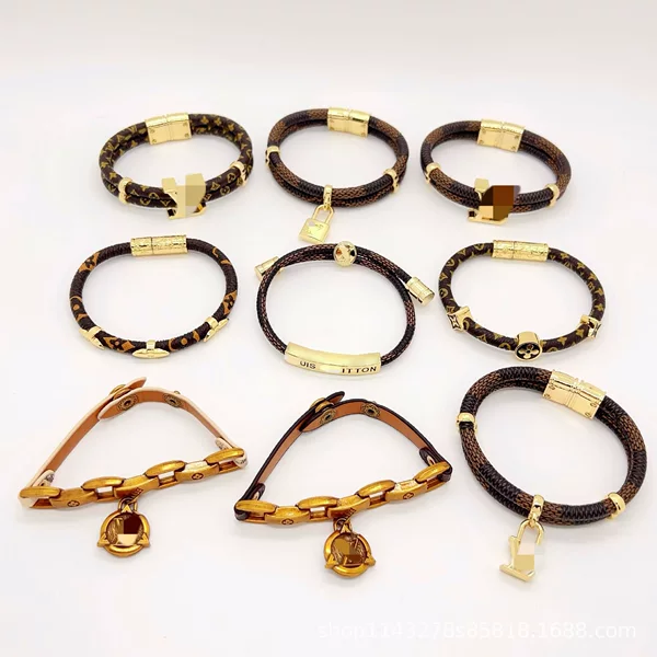 Fashionable Lv Genuine Leather Bracelet, Versatile for Men and Women, High-End Accessory, Lv Monogram Leather Bracelet Jewelry