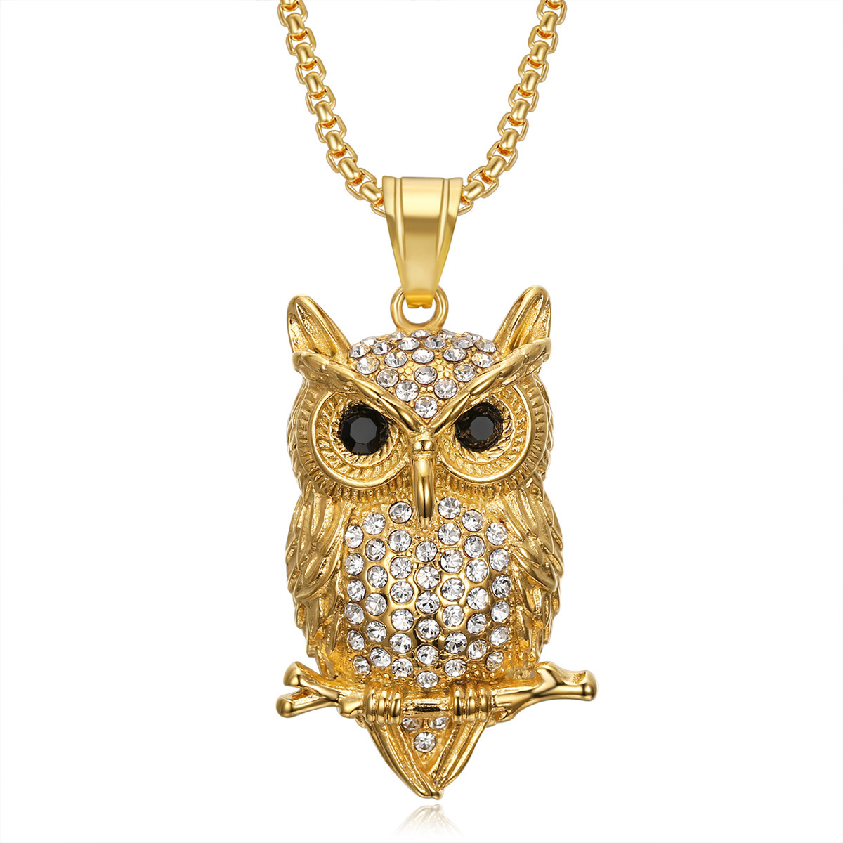 56*30mm, 60cm Jewelry Making Size 1 Piece 56*30mm 60cm Titanium Steel Rhinestones Gold Plated Owl Pendant Chain