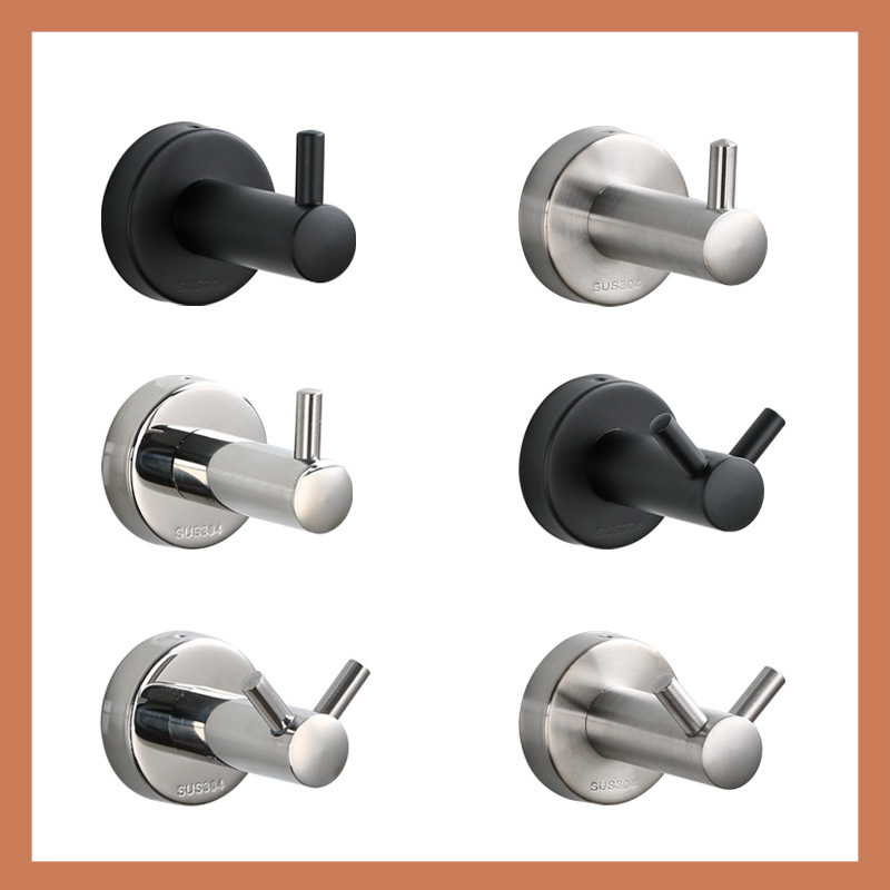 304 Stainless Steel Single Hook Multi-Functional Punch-Free Bathroom Sticky Hook Behind the Entrance Door Bathroom Hotel Metal Clothes Hook