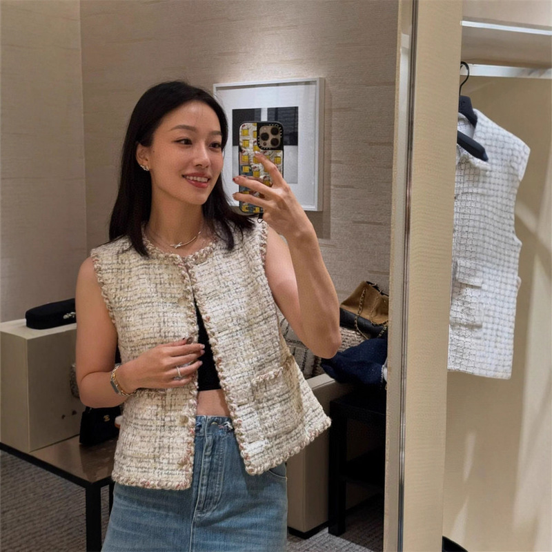 2025夏季新款南油cha气质名媛小香风圆领单排扣撞色粗花呢马甲女|undefined