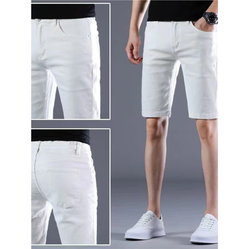 High-End Fashion Pure White Denim Shorts Men's Korean Style Slim Stretch Straight Five-Point Pants Summer Thin Mid-Pants