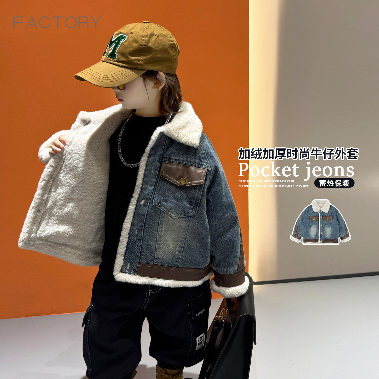 Boys' fleece-lined denim jacket, new winter style, 2026, fashionable, thick, casual winter wear, warm cotton-padded coat for babies.