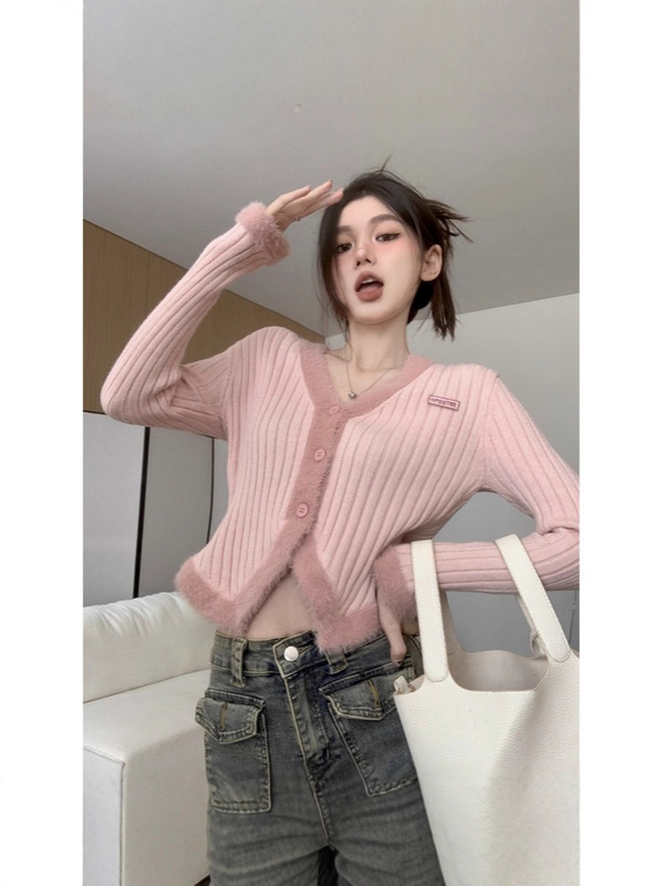 不规则毛毛拼接V领毛衣开衫女春秋修身短款甜美温柔风单排扣上衣|undefined