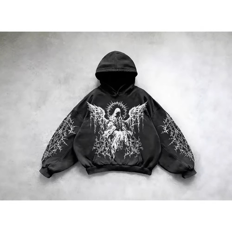 European and American Trendy Brand Thorn Dark Style Skull American Retro Vintage Washed Cotton Loose Hooded Pullover Sweatshirt for Men