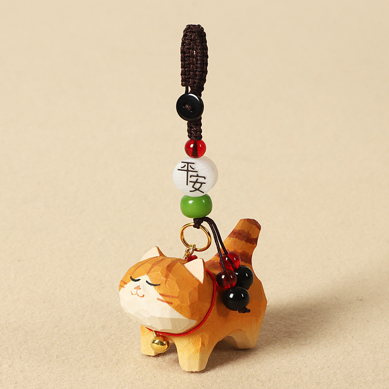 手作り木彫り太ったオレンジ猫車のキーホルダーペンダントかわいい牛猫スクールバッグペンダント女性の親友へのギフトとして