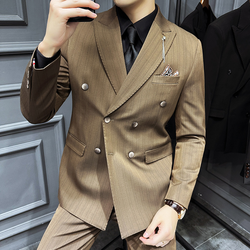 高品质男式西服套装色织条纹戗驳领双排扣西装三件套礼服装宴会服