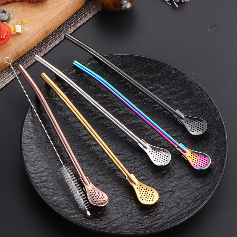 Cuchara de paja de acero inoxidable 304 doble propósito desmontable filtrado café té de leche cuchara de paja artefacto medioambiental