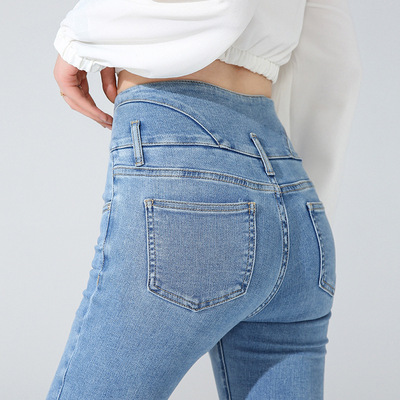 高腰牛仔褲女2021冬季新款高彈力緊身顯瘦蜜桃臀排扣小腳鉛筆褲子