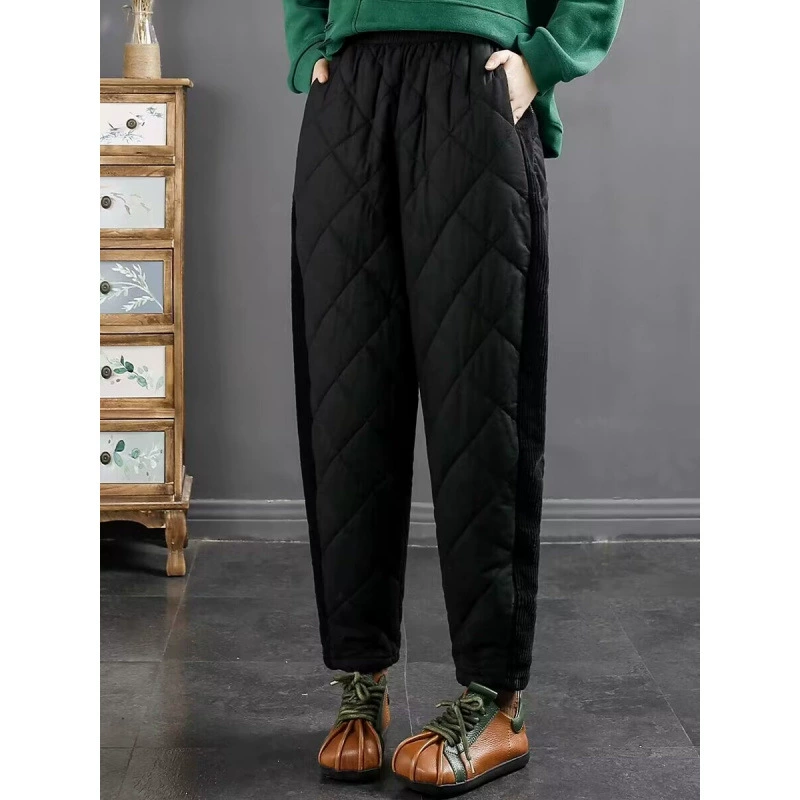 2024 зимний новый сплошной цвет ромб сшитый бархат эластическая талия теплая хлопчатобумажные брюки