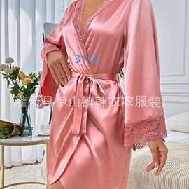 I5498 代发速卖通跨境新款睡裙对比色蕾丝领女士大码缎