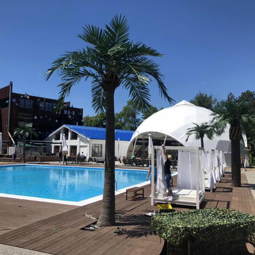 Simulación de gran fabricante de cocoteros artificiales Parque acuático al aire libre Decoración cuadrada de árboles artificiales FRP King Coconut Tree