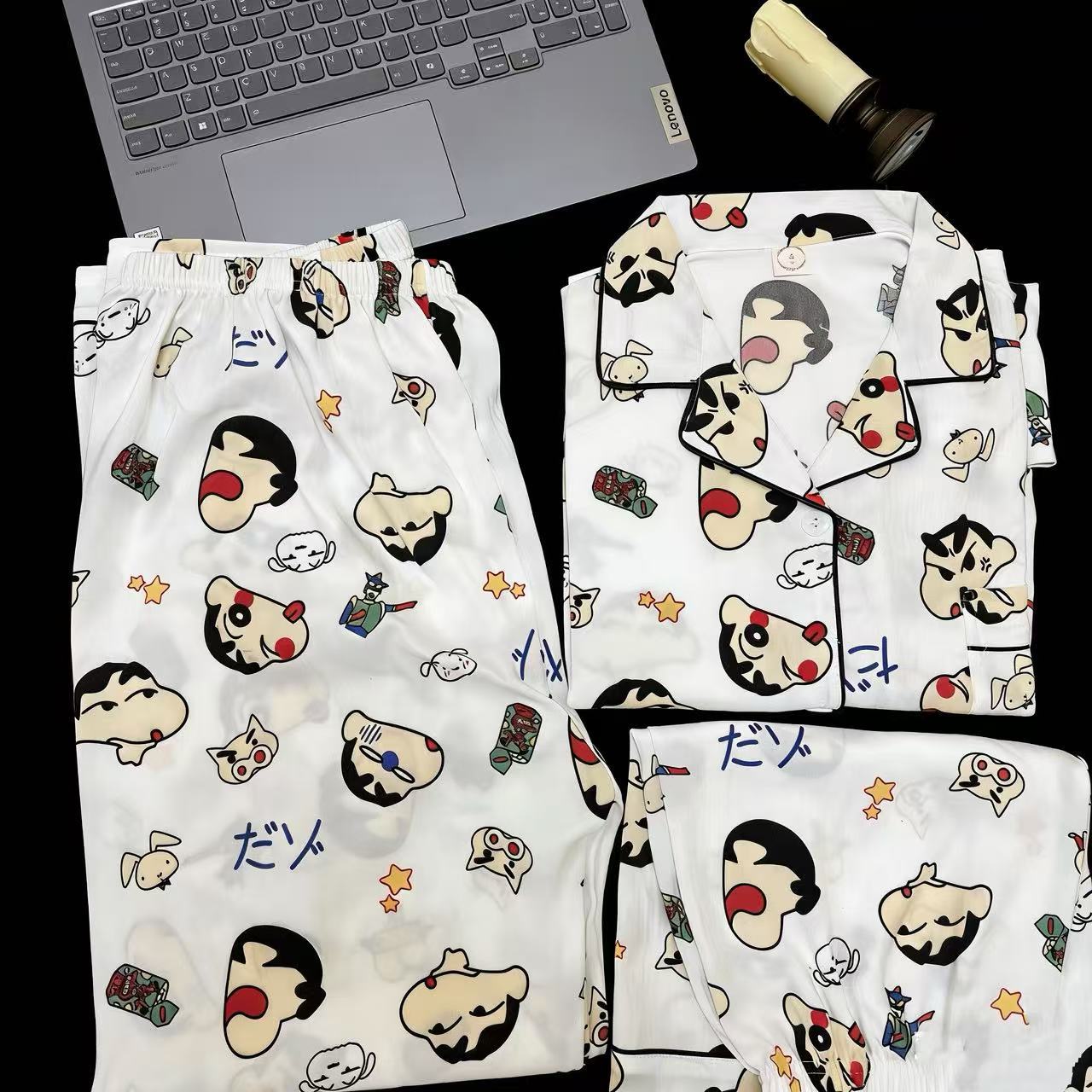 Nube de algodón de tres piezas nuevo pijama de mujer adorable con solapa de manga corta pantalones cortos pantalones largos set de ropa para el hogar