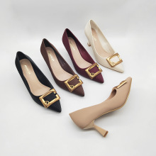 外贸金属方扣细跟单鞋时尚气质尖头高级感高跟鞋欧美风格宴会女鞋