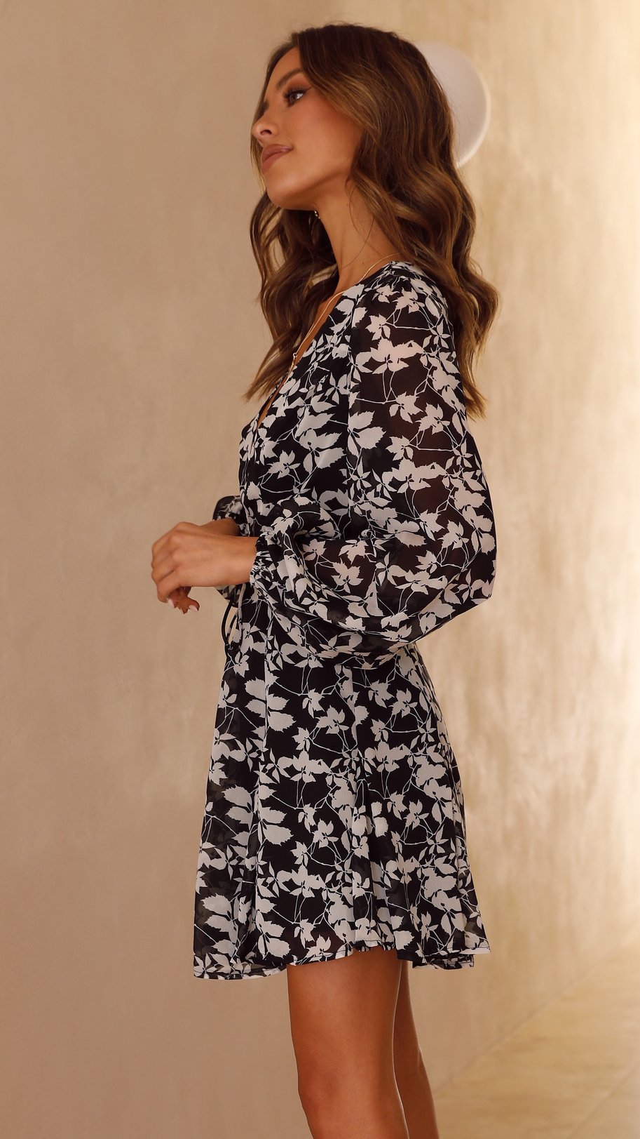 Deep V Long Sleeve Print Lantern Sleeve Dress NSJRM82110