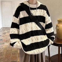 条纹毛衣男秋冬潮流ins港风宽松情侣装学院风针织衫慵懒圆领线衣