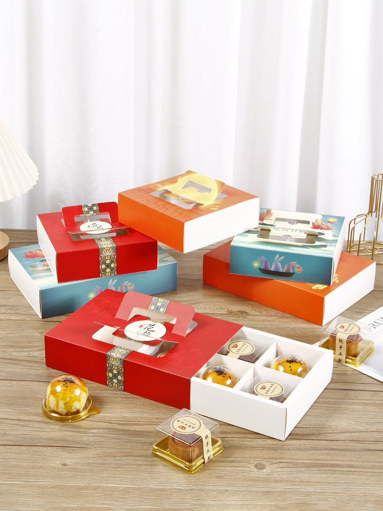 Caja de pastel de luna de mediodía de otoño, caja de embalaje portátil de yemas de huevo, caja de regalo de 4 / 6 cápsulas, belleza de nieve, flores de nieve, 80g.