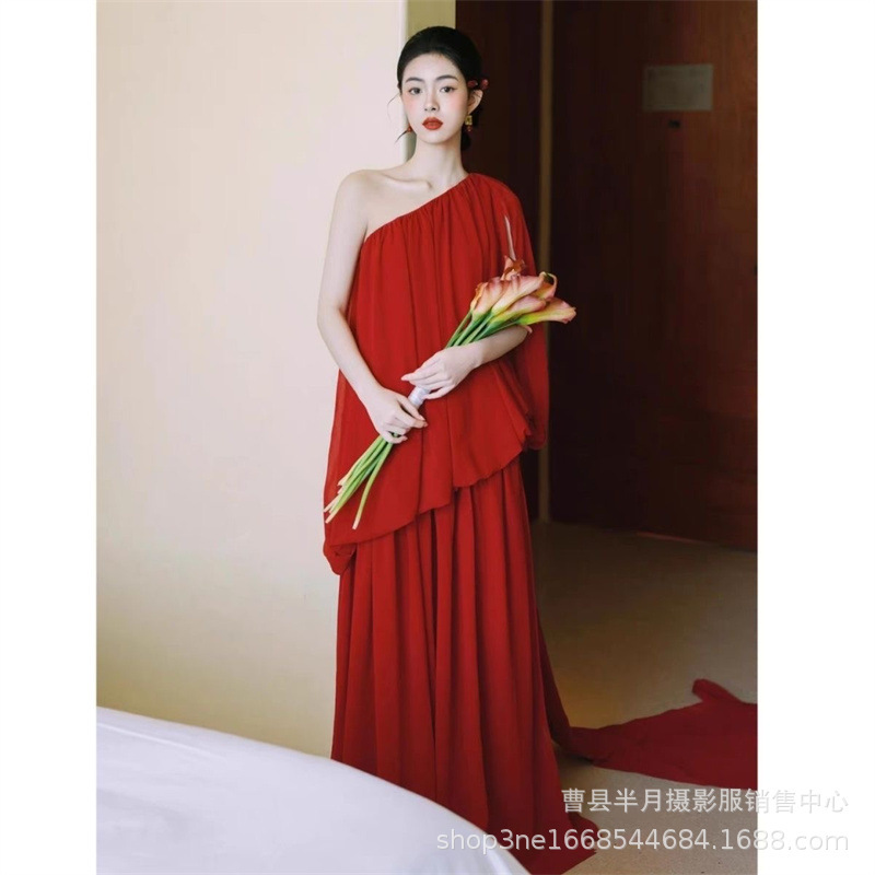 影楼新款中式主题摄影服装红色晨袍氛围连衣裙少女写真艺术照礼服|undefined