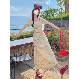 Plus Size Women's Holiday Style Short-Sleeved Floral Slimming Long and Short Skirt Fat Temperament Summer French Waist Dress