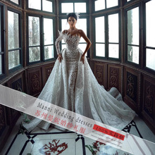 亚马逊新款外贸婚纱礼服 欧美跨境新娘结婚可拆卸长袖蕾丝晚礼服