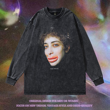 XFM秋冬季欧美高街复古水洗做旧薄款圆领卫衣打底嘻哈情侣长袖T恤