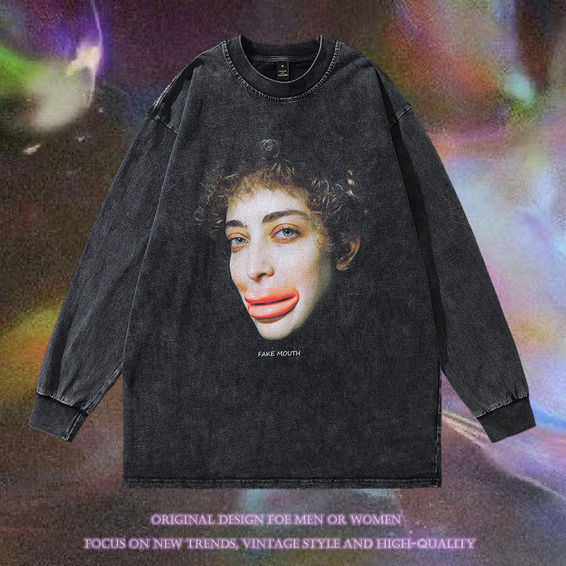 XFM秋冬季欧美高街复古水洗做旧薄款圆领卫衣打底嘻哈情侣长袖T恤