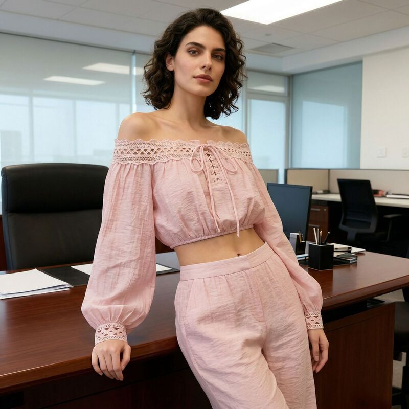 Cross-Border Design, One-Shoulder Long-Sleeved Shirt for Women, Autumn Lace-Up Lace Patchwork Waist Short Top