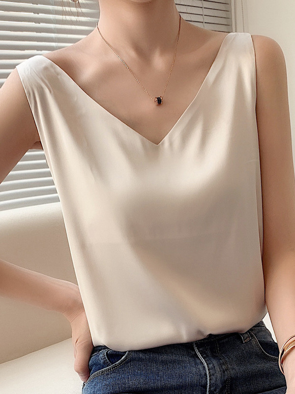 Women's Summer Camisole with Suit, White and Black Bottoming Silk Satin V Neck Double Shoulder Strap Top, Versatile
