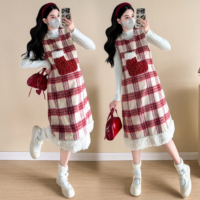 임산부복 가을 겨울 신상품 크리스마스 레드 플레드 울 임산부 조끼 스커트 니트 바텀 셔츠 달콤한 투피스 슈트