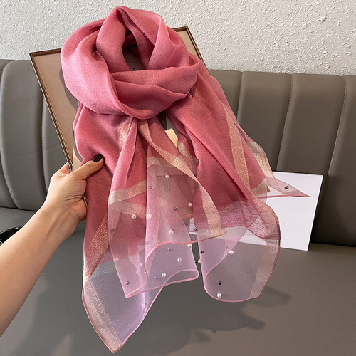  spring and summer new style imitation silk scarf women's sunshade temperament shawl fashionable style scarf beaded scarf